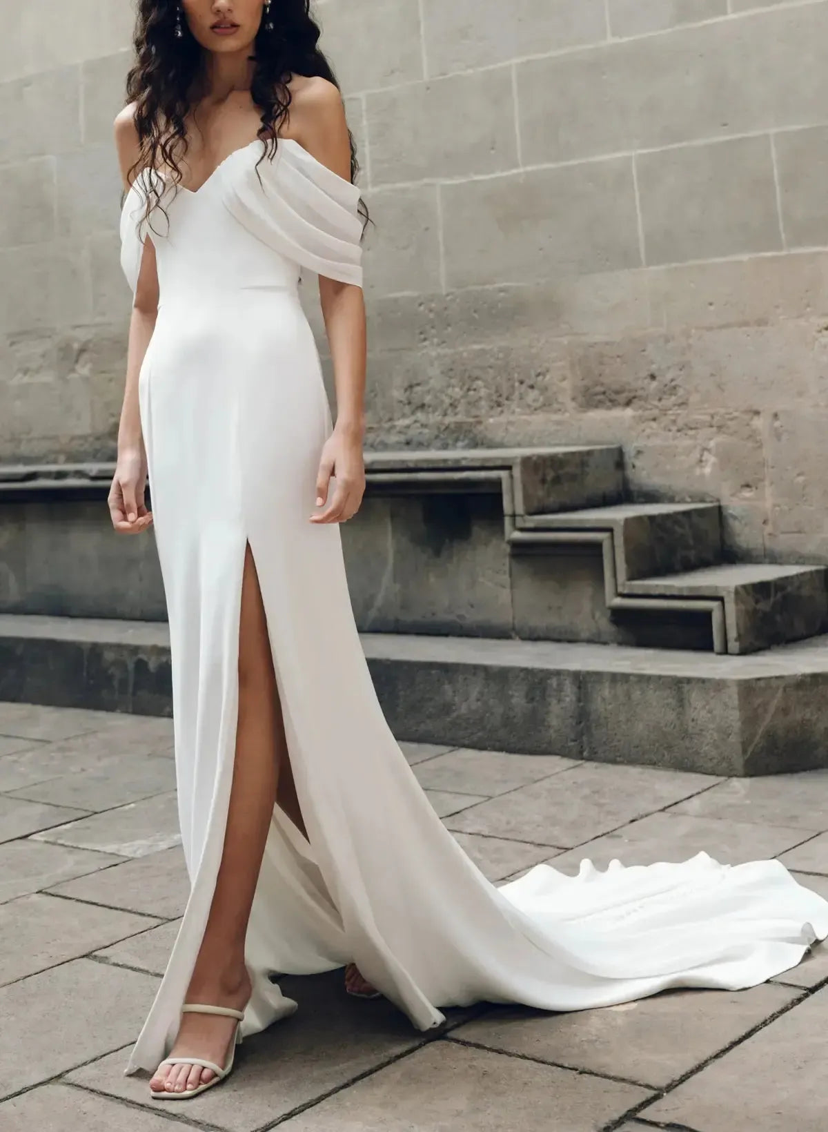Sheath Column Sweetheart Sleeveless Court Train Chiffon Satin Wedding Dress with High Slit