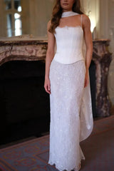 Sheath Column Sweetheart Sleeveless Floor Length Lace Satin Wedding Dress with Appliques