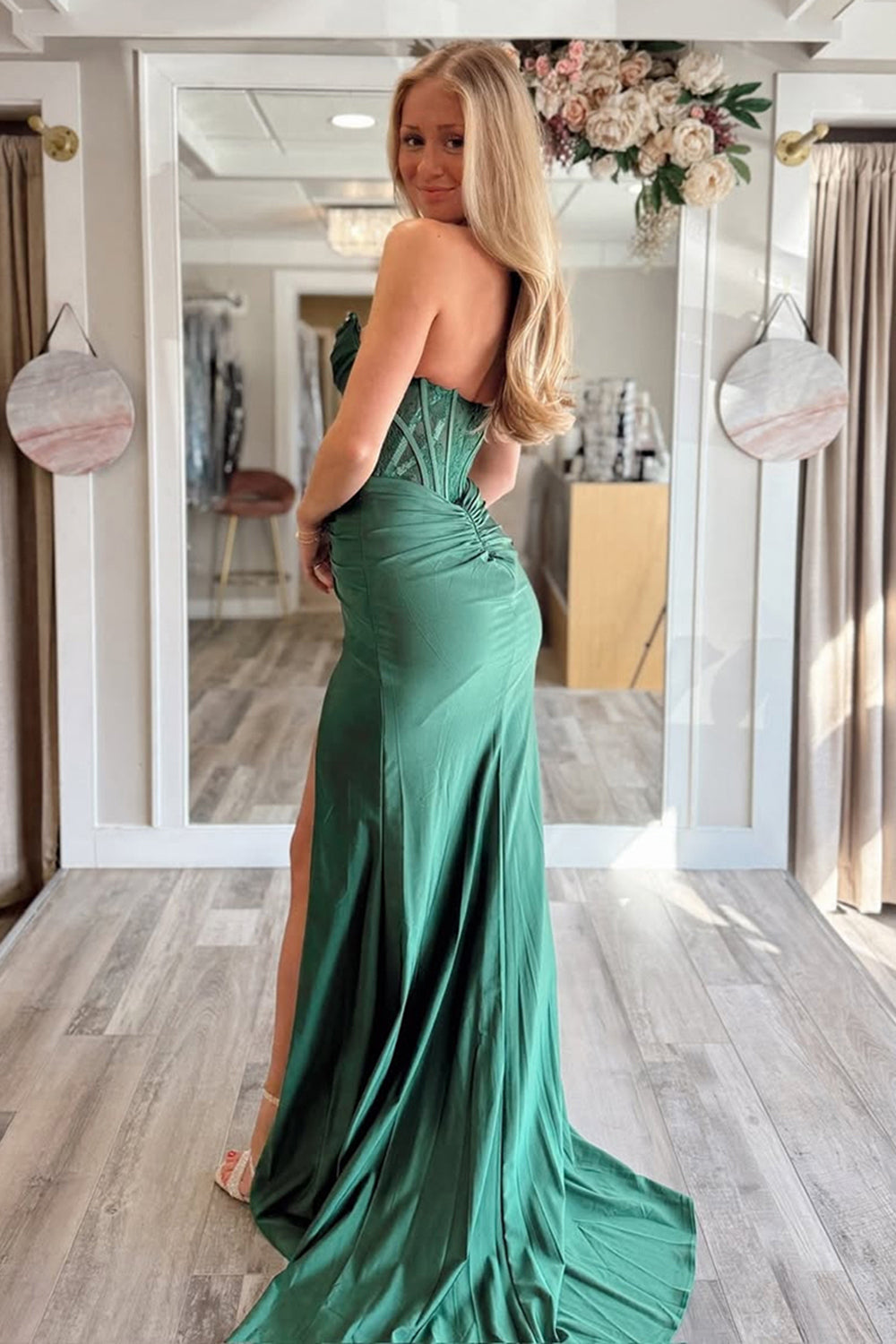 Sheath Dark Green Prom Dress Corset Satin Formal Dress With Slit
