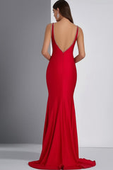 Sheath Deep V-Neck Red Wedding Guest Dress Long Formal Dress With Beading