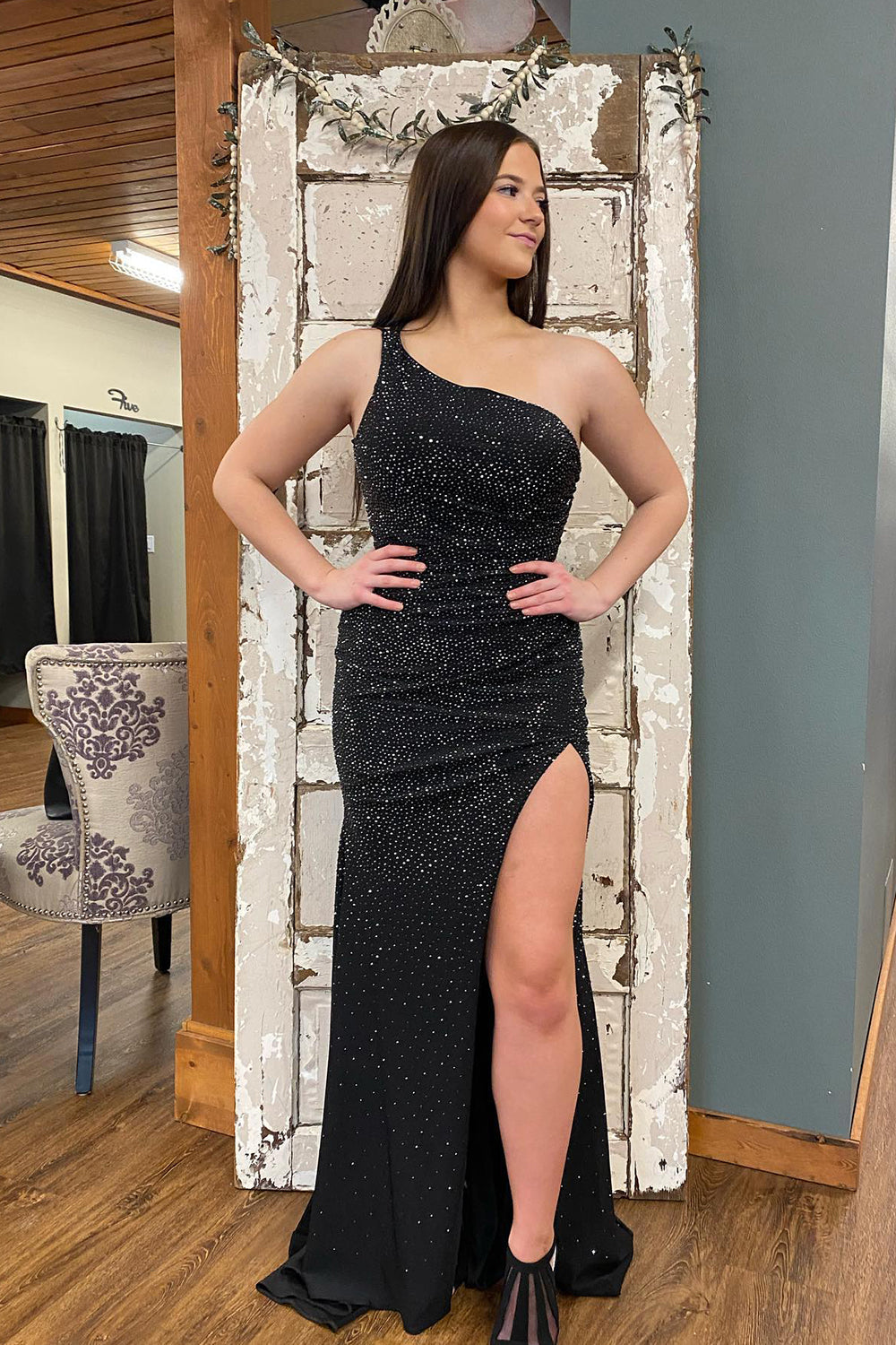 Sheath One Shoulder Black Long Prom Dress with Beading