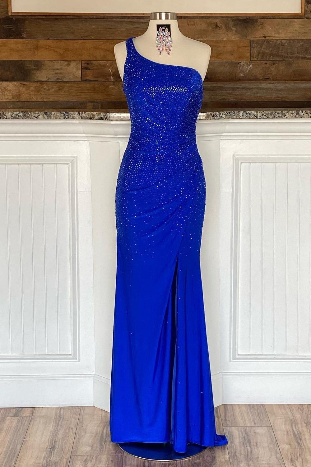 Sheath One Shoulder Red Prom Dress Long Evening Dress with Beadings