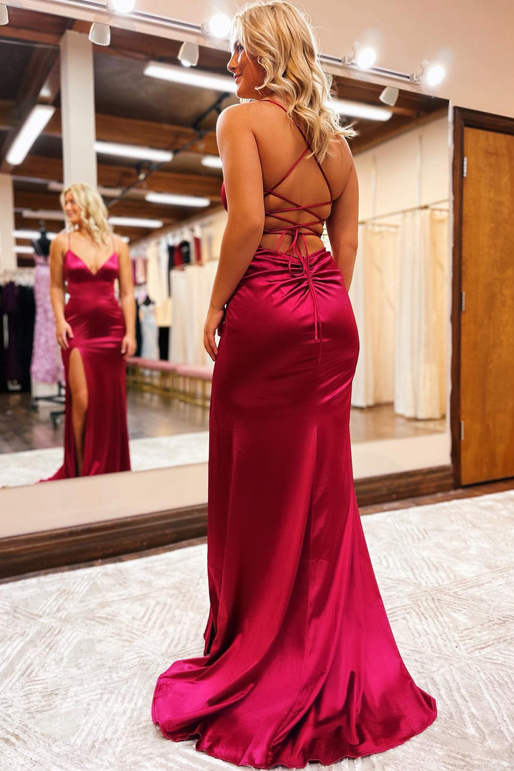 Sheath Spaghetti Straps Blue Prom Dress Long Evening Dress with Silt