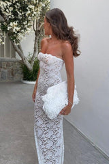 Sheath Strapless White Lace Tea Length Party Dress Formal Evening Gown