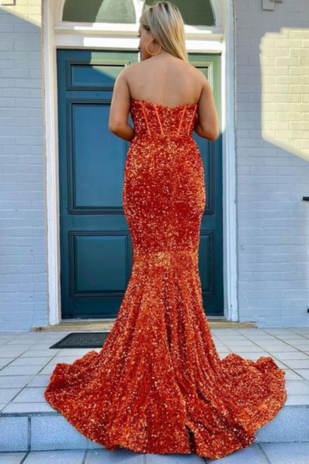 Sheath Sweetheart Blue Prom Dress Sequined Floor Length Evening Dress with Split Front
