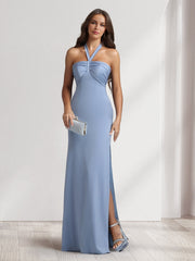 Sheath/Column Halter Dresses Long Ruched Bridesmaid Dresses with Split Side