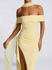 Sheath/Column Off-the-Shoulder Scarf Wrap Floor-Length Bridesmaid Dresses with Pleats & Split Side