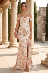 Sheath/Column Off-the-Shoulder Spaghetti Straps Floor-Length Floral Bridesmaid Dresses with Split Side Red Floral
