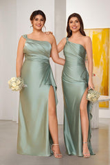 Sheath/Column One-Shoulder Sleeveless Split Side Bridesmaid Dresses with Ruffles As Picture