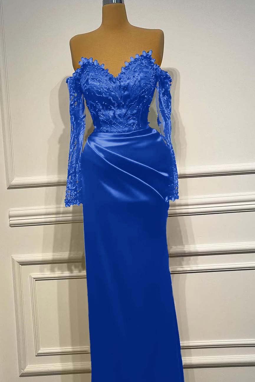 Sheath/Column Prom Dress Long Sleeve Off the Shoulder Beaded Evening Dress