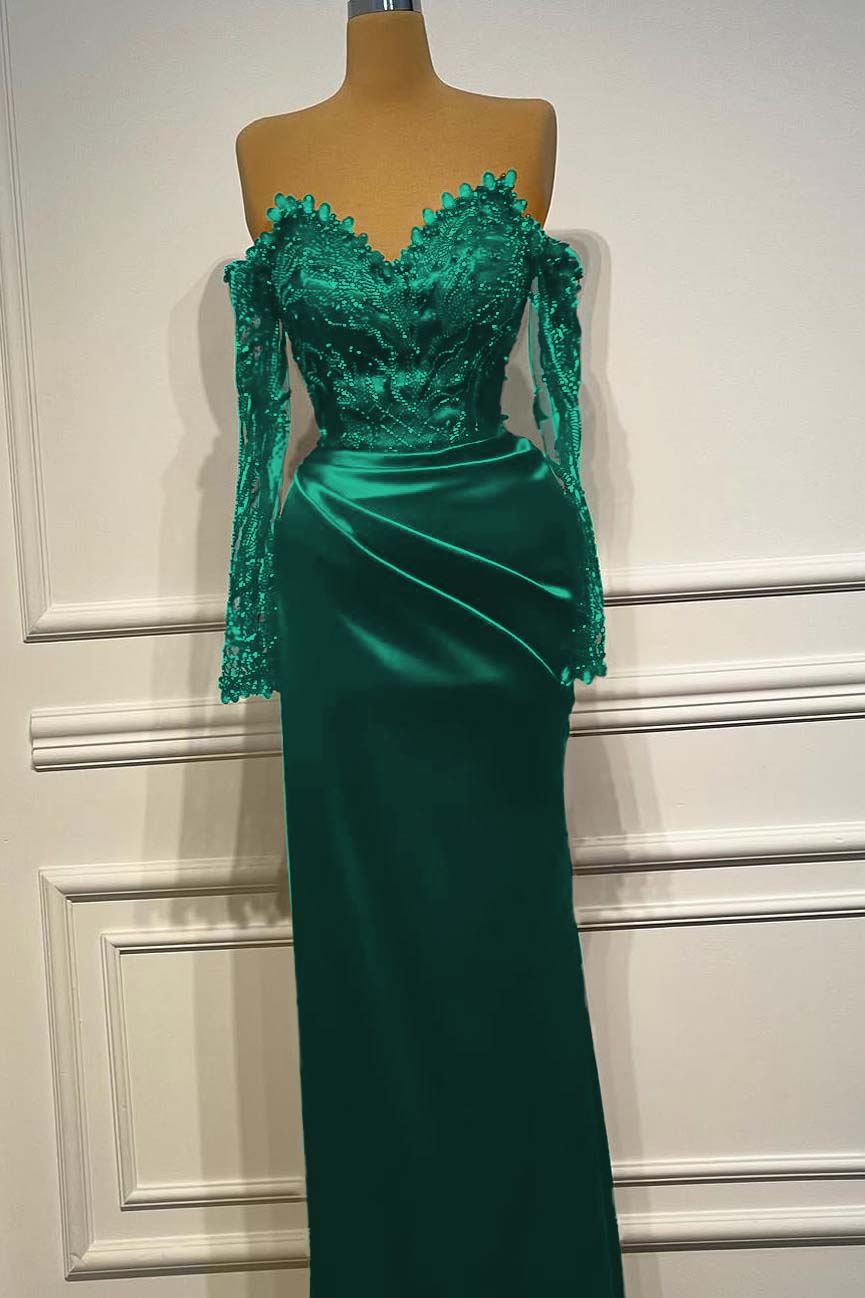 Sheath/Column Prom Dress Long Sleeve Off the Shoulder Beaded Evening Dress