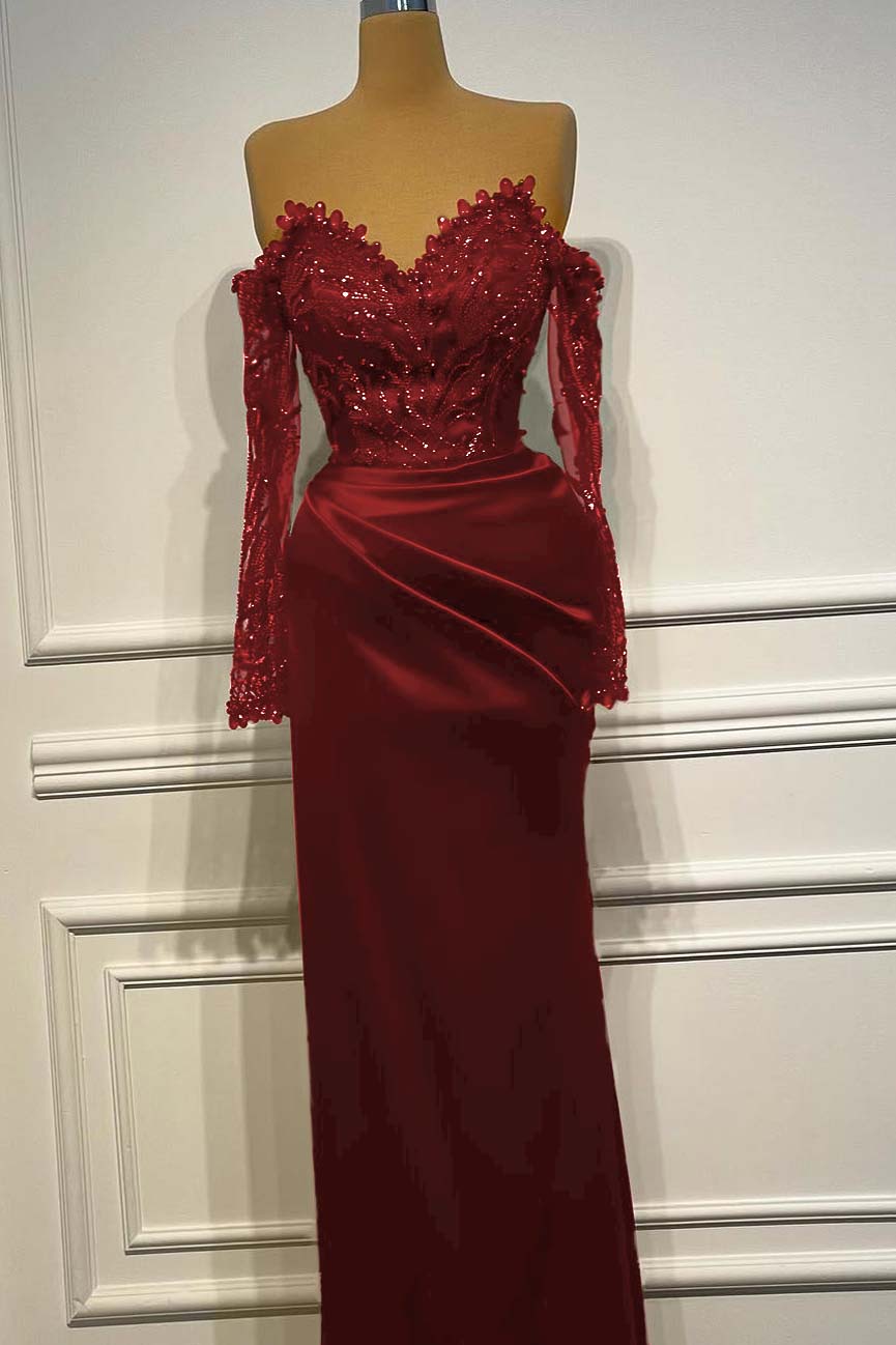 Sheath/Column Prom Dress Long Sleeve Off the Shoulder Beaded Evening Dress