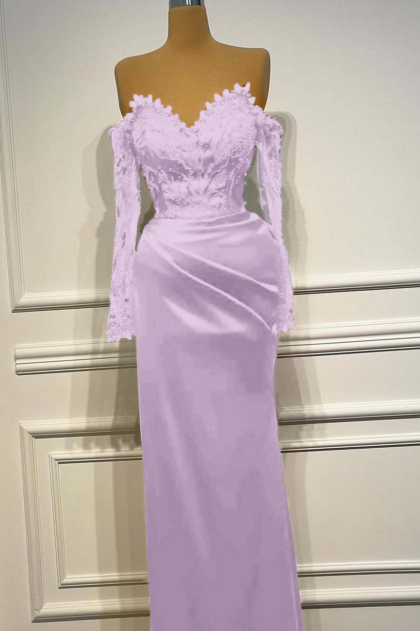 Sheath/Column Prom Dress Long Sleeve Off the Shoulder Beaded Evening Dress