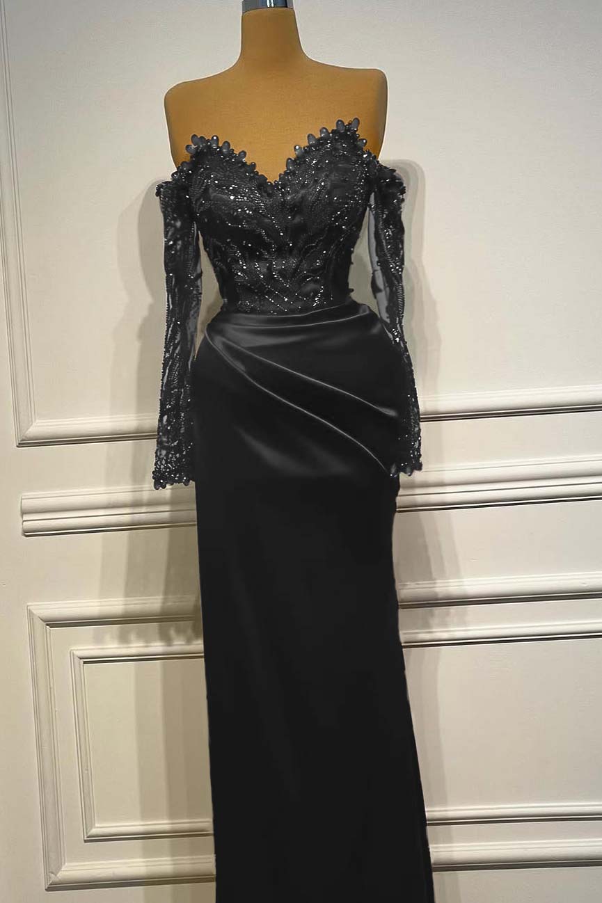 Sheath/Column Prom Dress Long Sleeve Off the Shoulder Beaded Evening Dress