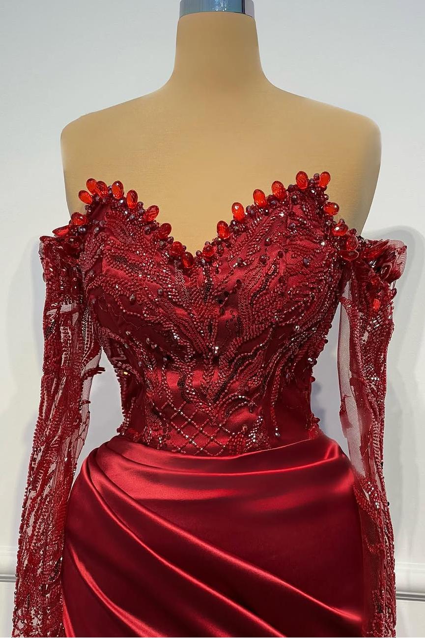 Sheath/Column Prom Dress Long Sleeve Off the Shoulder Beaded Evening Dress