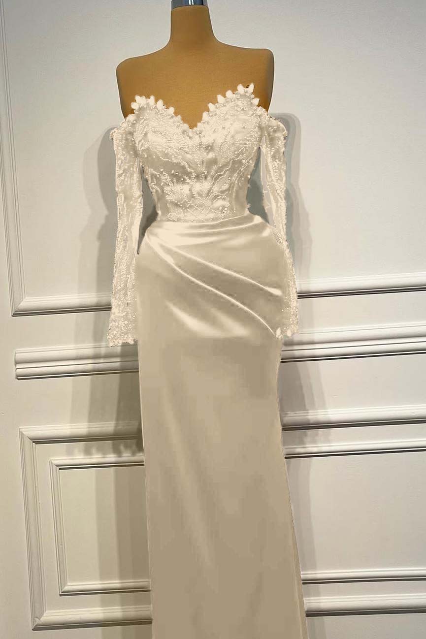 Sheath/Column Prom Dress Long Sleeve Off the Shoulder Beaded Evening Dress