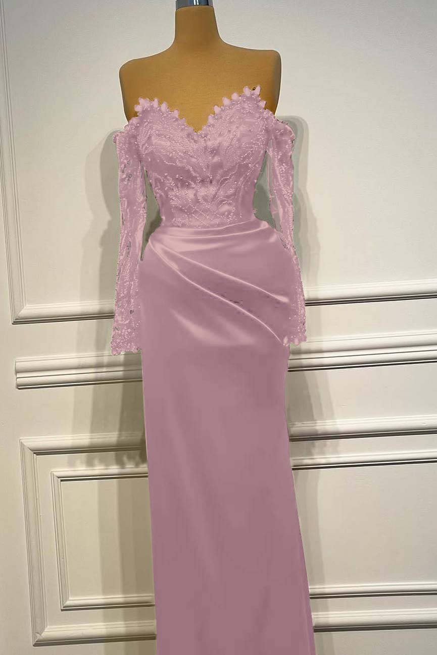 Sheath/Column Prom Dress Long Sleeve Off the Shoulder Beaded Evening Dress