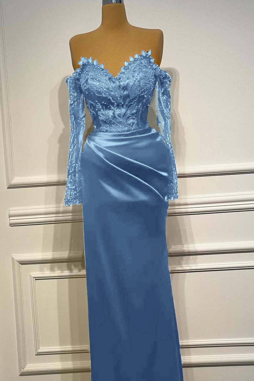 Sheath/Column Prom Dress Long Sleeve Off the Shoulder Beaded Evening Dress