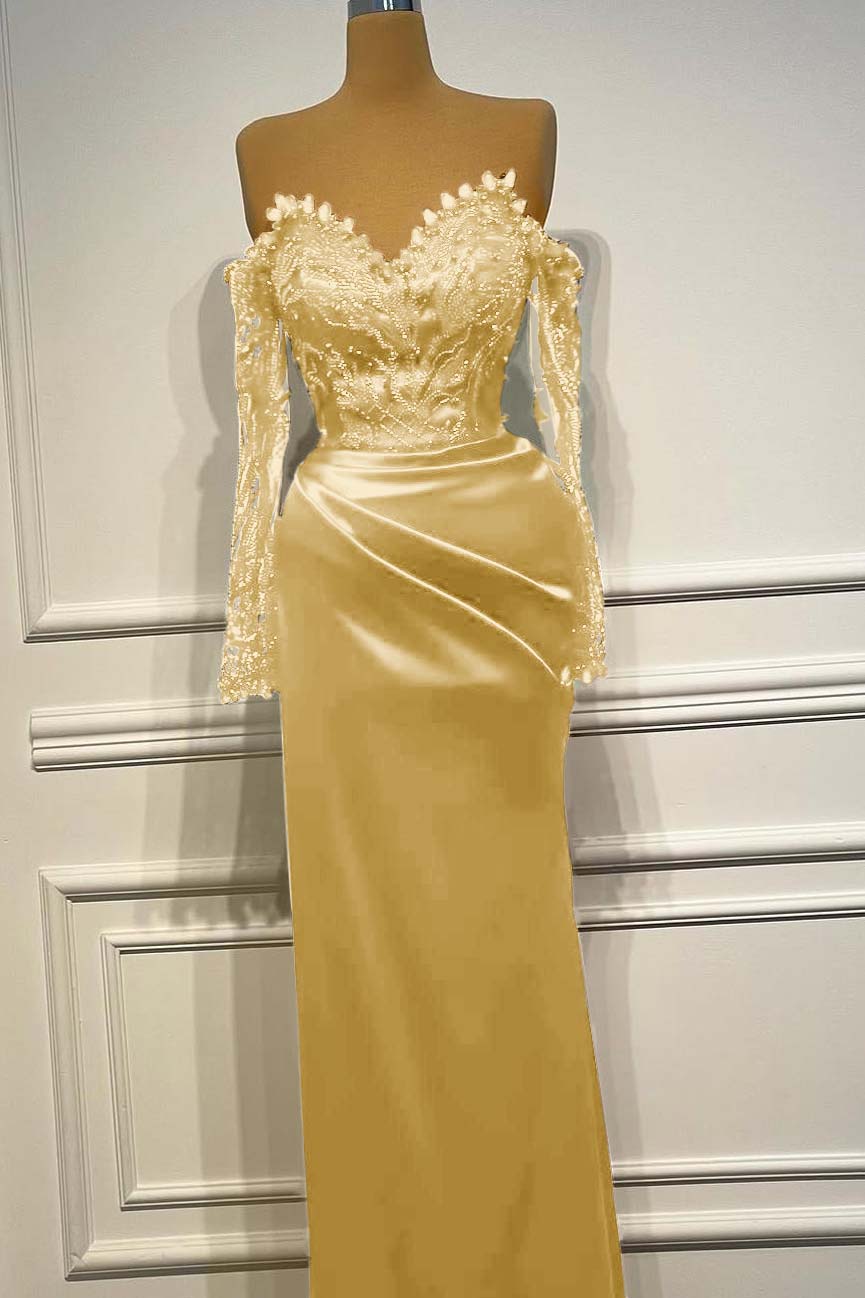 Sheath/Column Prom Dress Long Sleeve Off the Shoulder Beaded Evening Dress