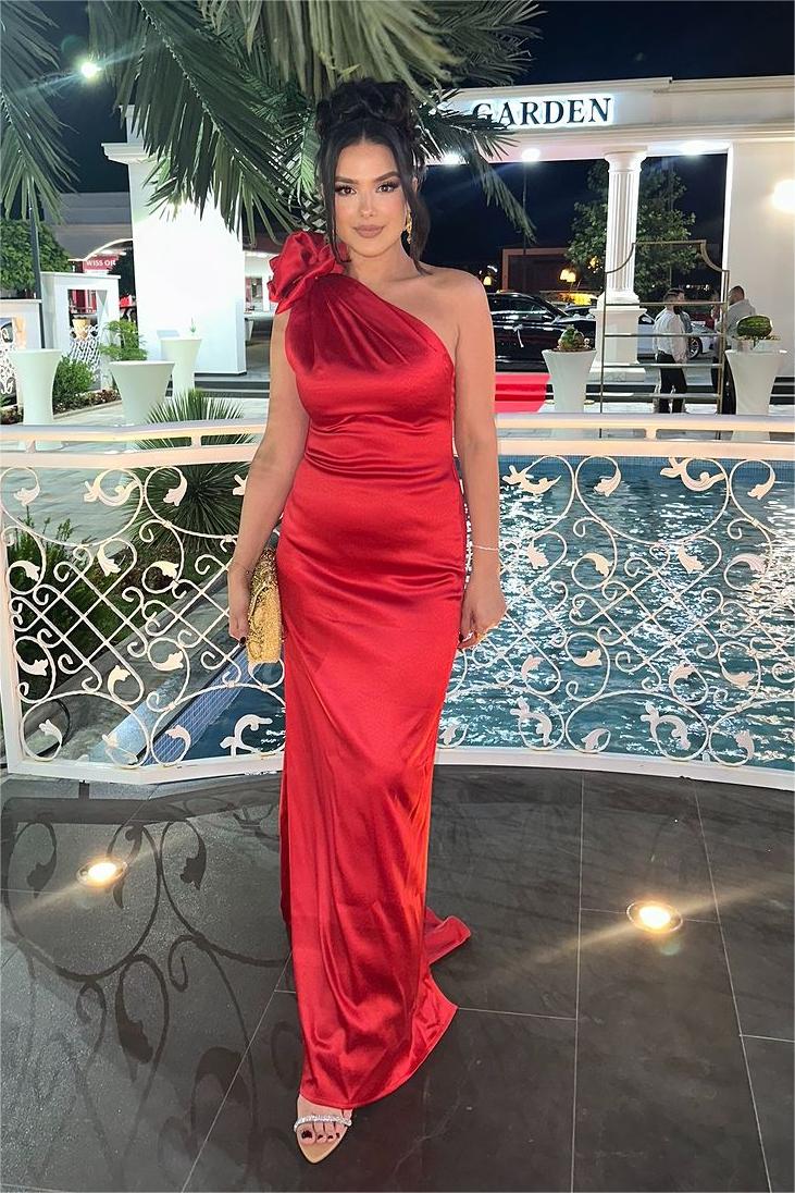 Sheath/Column Prom Dress Sleeveless One Shoulder Satin Evening Dress