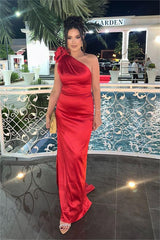 Sheath/Column Prom Dress Sleeveless One Shoulder Satin Evening Dress