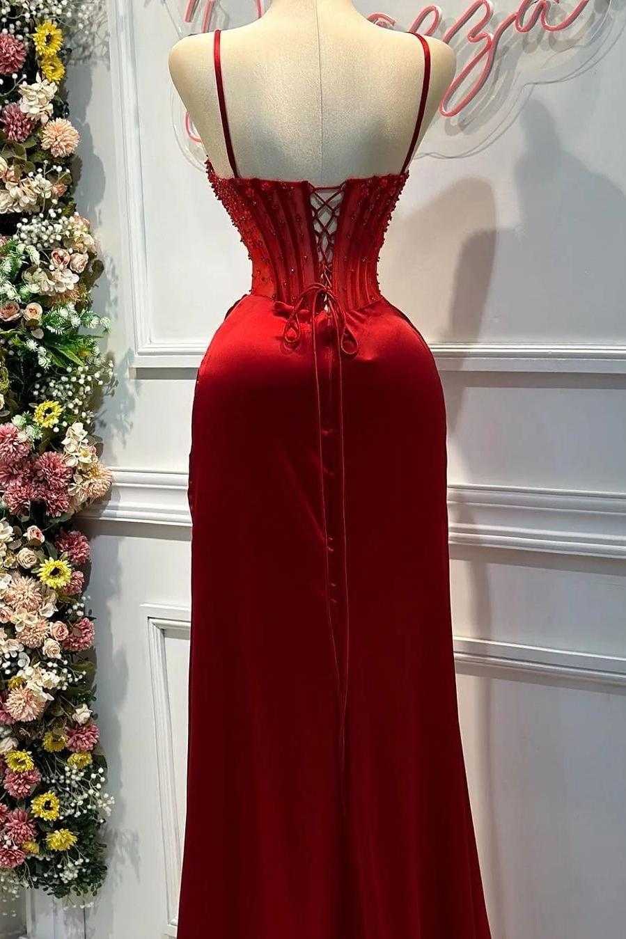 Sheath/Column Prom Dress Sleeveless Spaghetti Straps Beaded Evening Dress