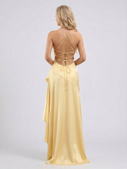 Sheath/Column Spaghetti Straps Asymmetrical Bridesmaid Dresses with Split Side & Ruffles