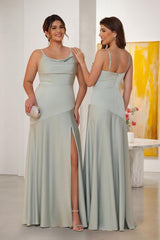 Sheath/Column Spaghetti Straps Cowl Neck Sleeveless Bridesmaid Dresses With Split Side As Picture