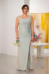 Sheath/Column Square Neck Sleeveless Floor-Length Ruched Plus Size Bridesmaid Dresses With Side Slit Sage