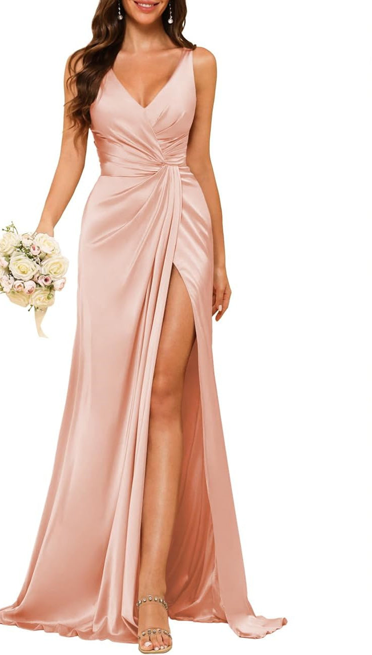 Sheath/Column V Neck Bridesmaid Dress with Slit
