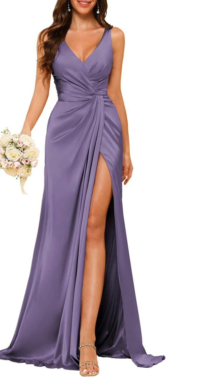 Sheath/Column V Neck Bridesmaid Dress with Slit
