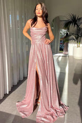 Dreamyannie Shimmering Silver Cowl Neck A-Line Prom Dress With Spaghetti Straps And High Leg Slit Formal Evening Gown