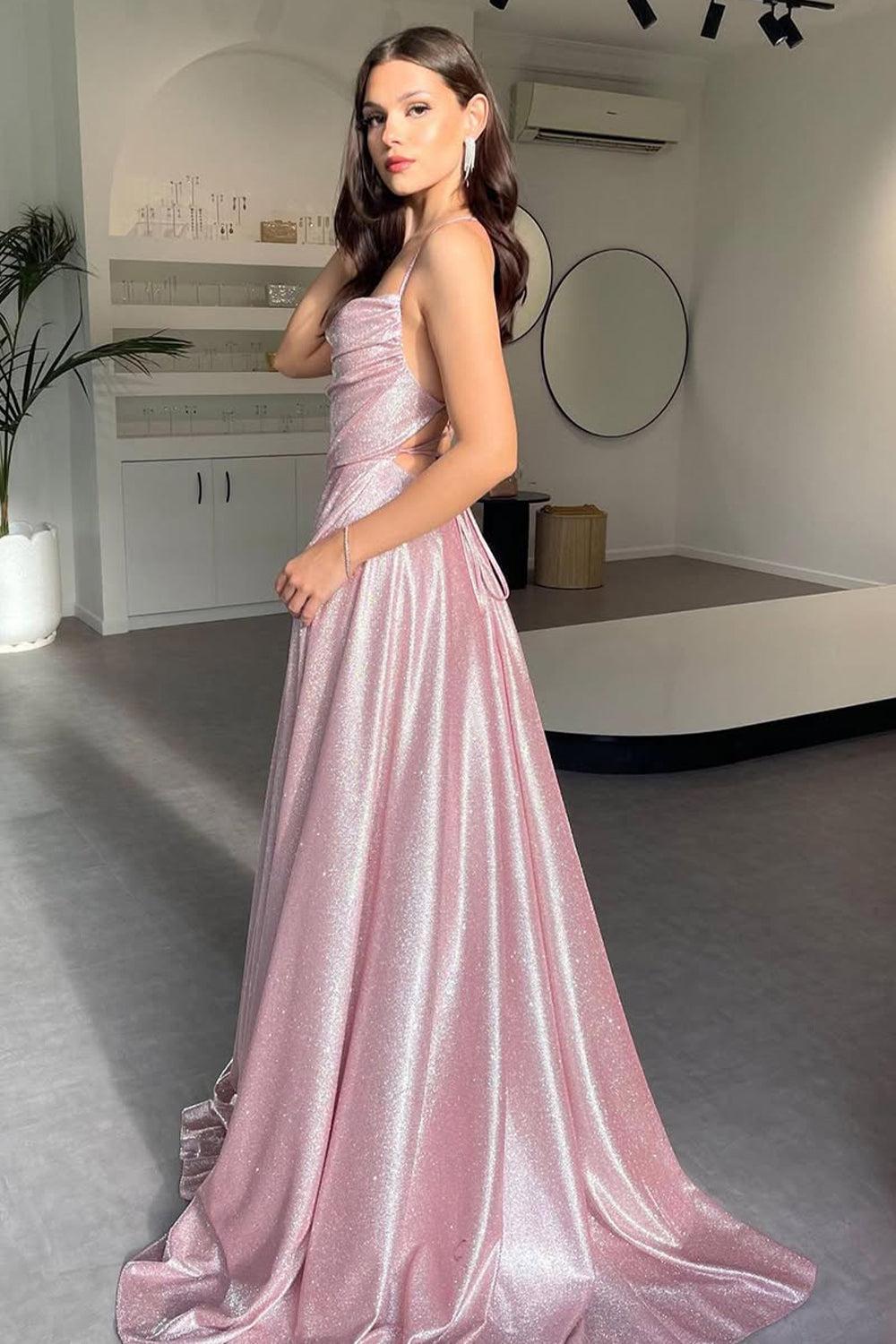 Dreamyannie Shimmering Silver Cowl Neck A-Line Prom Dress With Spaghetti Straps And High Leg Slit Formal Evening Gown