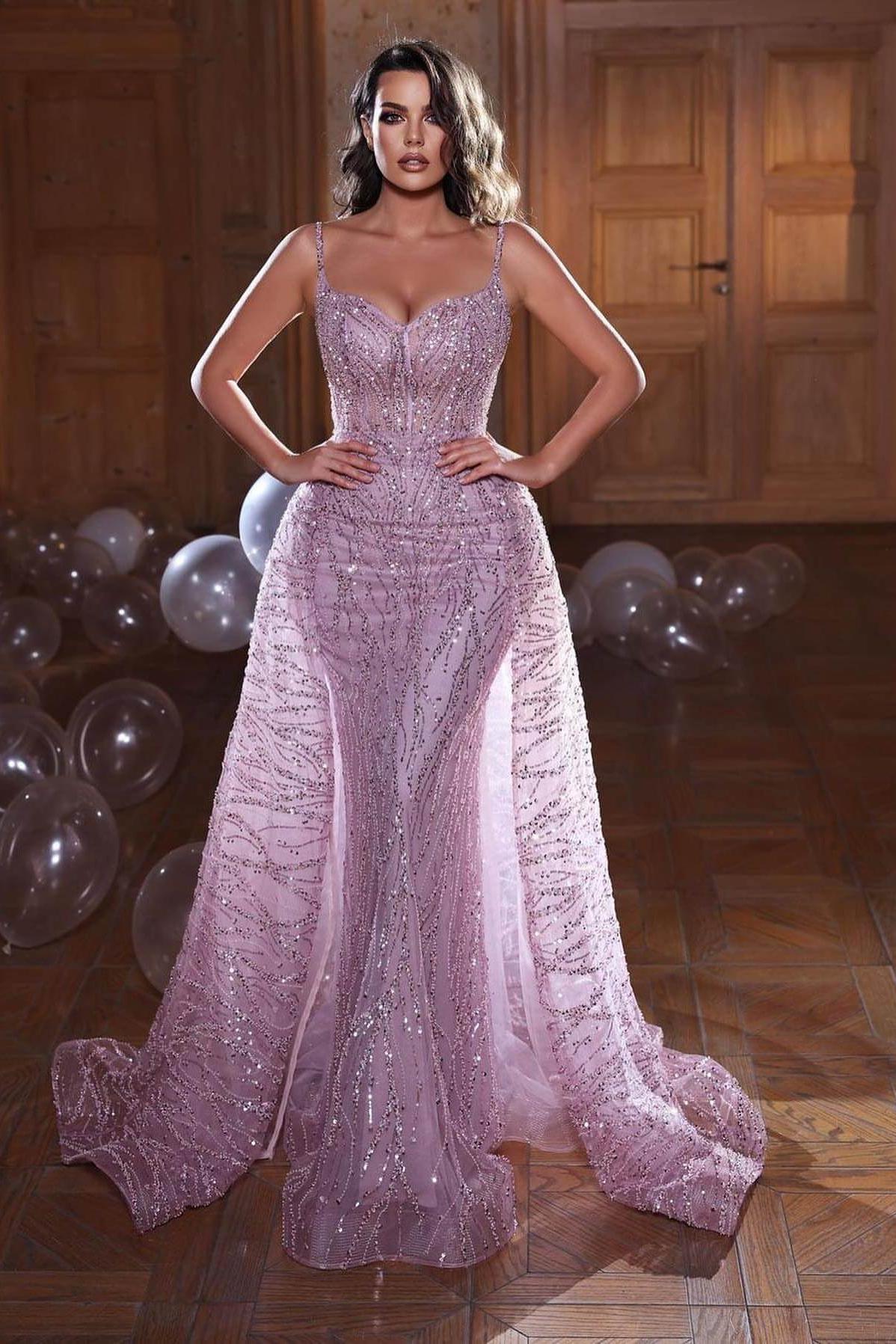 Shining Spaghetti Strap Mermaid Evening Dress Overskirt Sleeveless Online