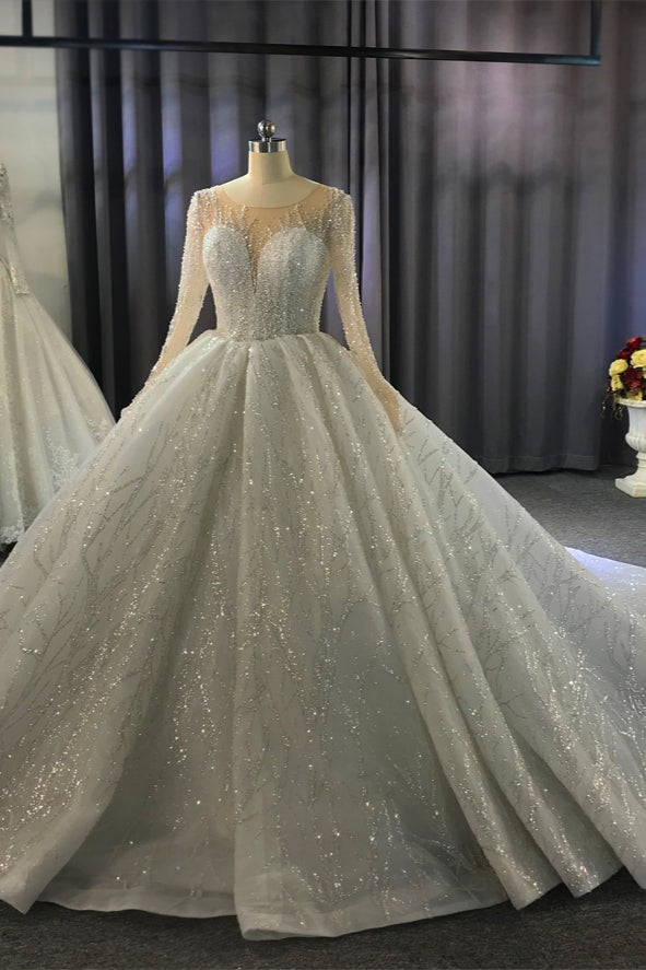 Shiny Ball Gown Tulle Jewel Neck Long Sleeves Wedding Dress