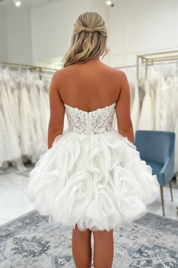 Short Lace A Line Wedding Dress with 3D Rosette Skirt