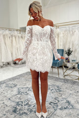 Short Off Shoulder Lace Wedding Dress with Sheer Long Sleeves