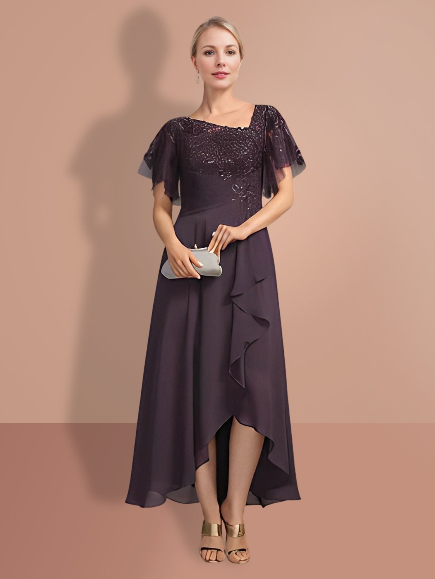Short-Sleeve A-Line Princess Mother of the Bride Dress with Asymmetrical Design