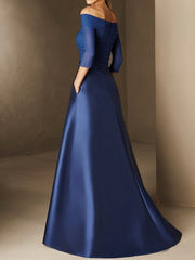 Short-Sleeve Off-the-Shoulder A-Line Mother of the Bride Dress with Belt Applique
