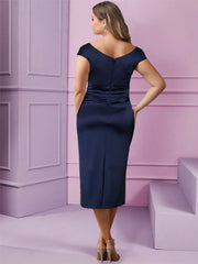 Short Sleeve Tea-Length Cowl Neck Sheath Dress with Ruffles for the Mother of the Bride