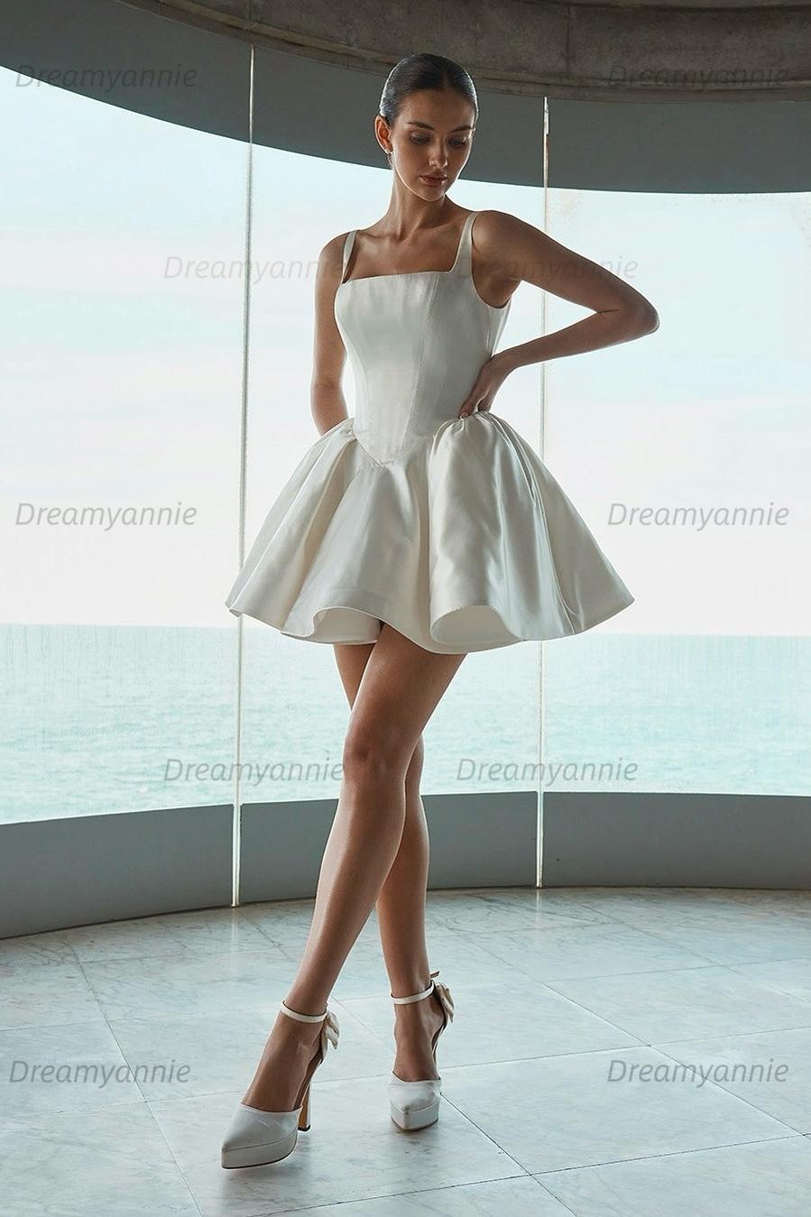 Short Wedding Dress Square Neck Satin Ball Gown Bridal Gown
