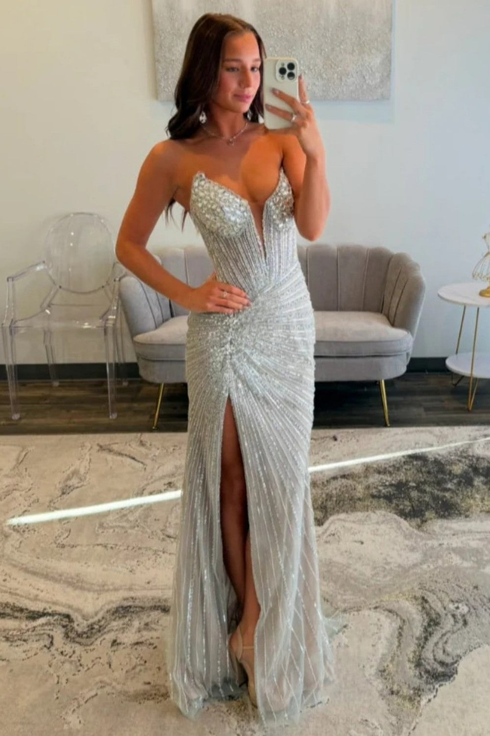 Silver Beaded Mermaid Prom Dress With Deep V-Neck And Front Slit Formal Evening Gown