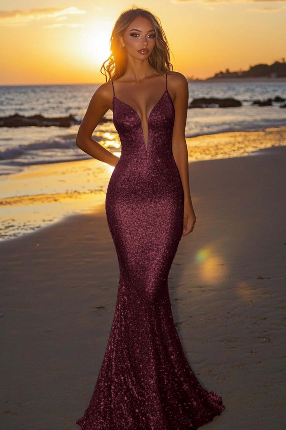 Dreamyannie Silver Glitter Mermaid Backless Long Prom Dress With Deep V Neck Formal Evening Gown