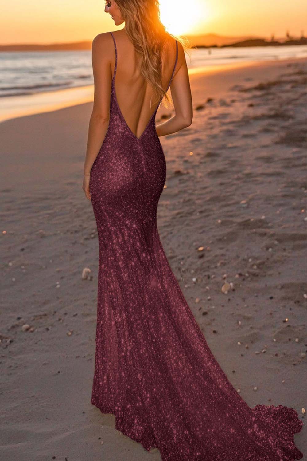 Dreamyannie Silver Glitter Mermaid Backless Long Prom Dress With Deep V Neck Formal Evening Gown