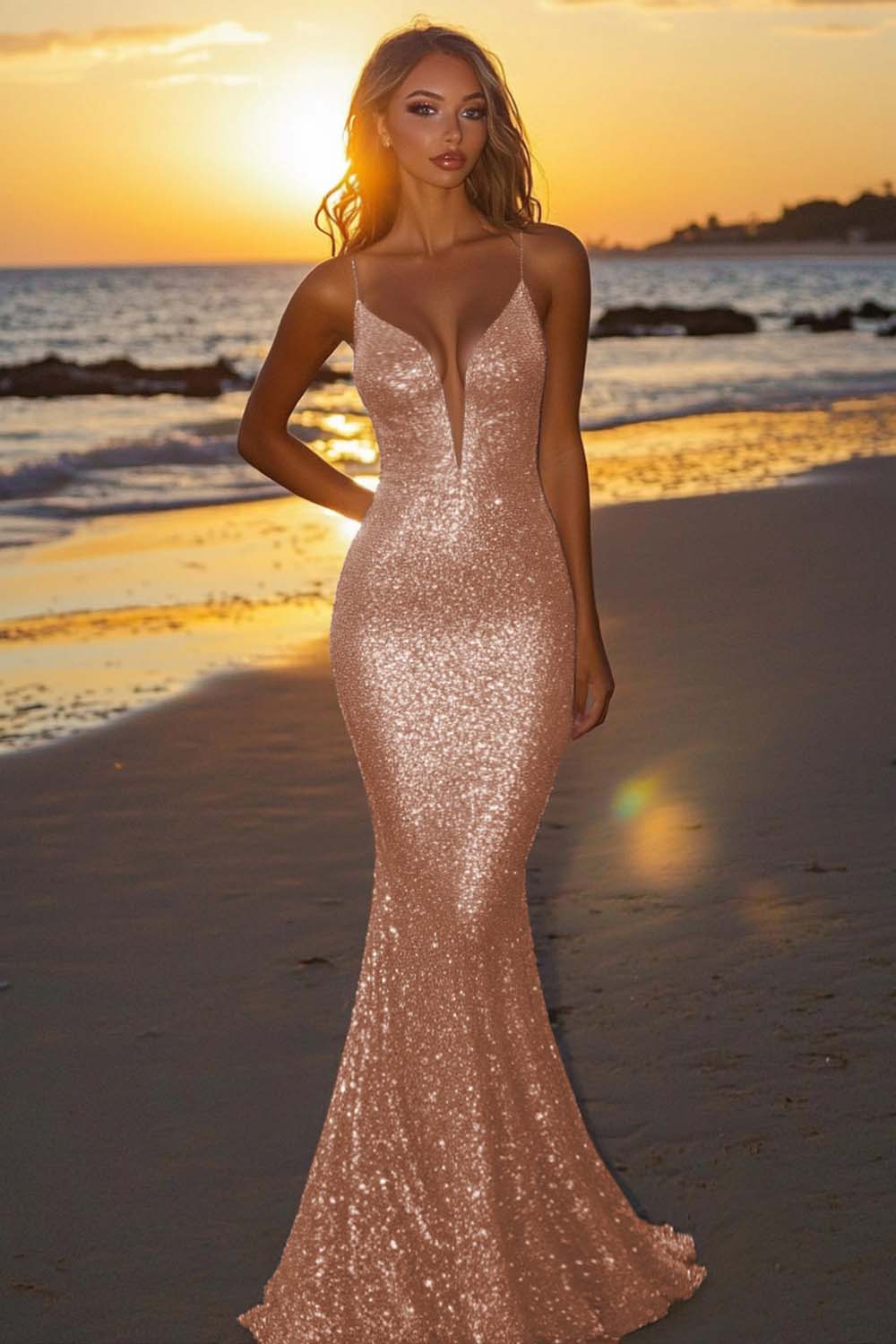 Dreamyannie Silver Glitter Mermaid Backless Long Prom Dress With Deep V Neck Formal Evening Gown
