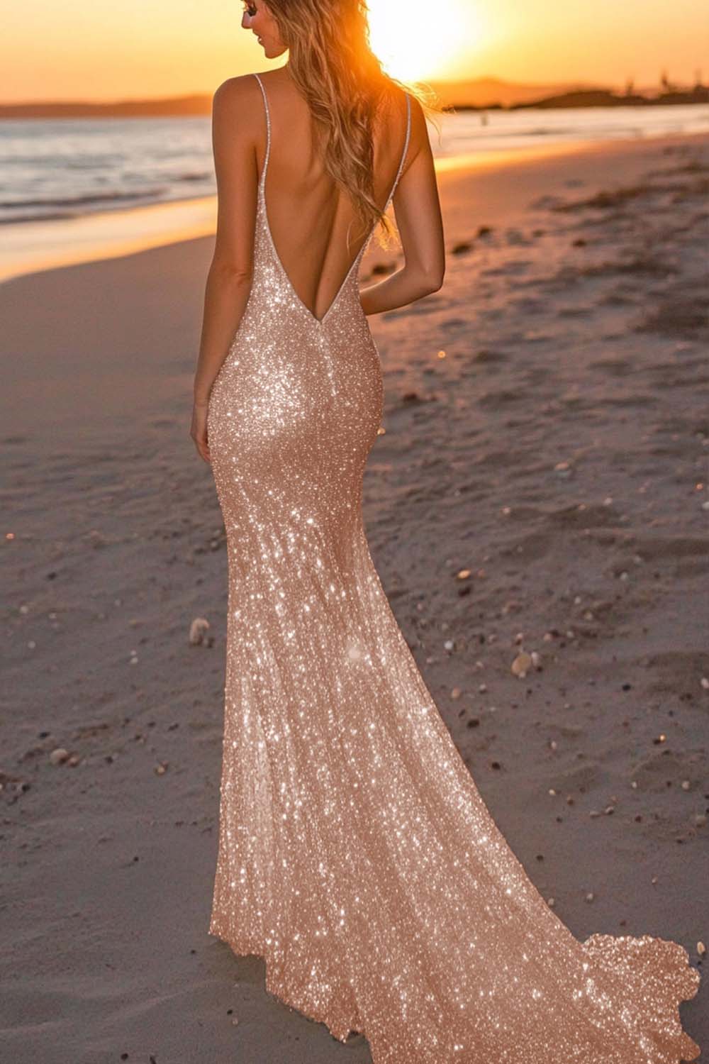 Dreamyannie Silver Glitter Mermaid Backless Long Prom Dress With Deep V Neck Formal Evening Gown