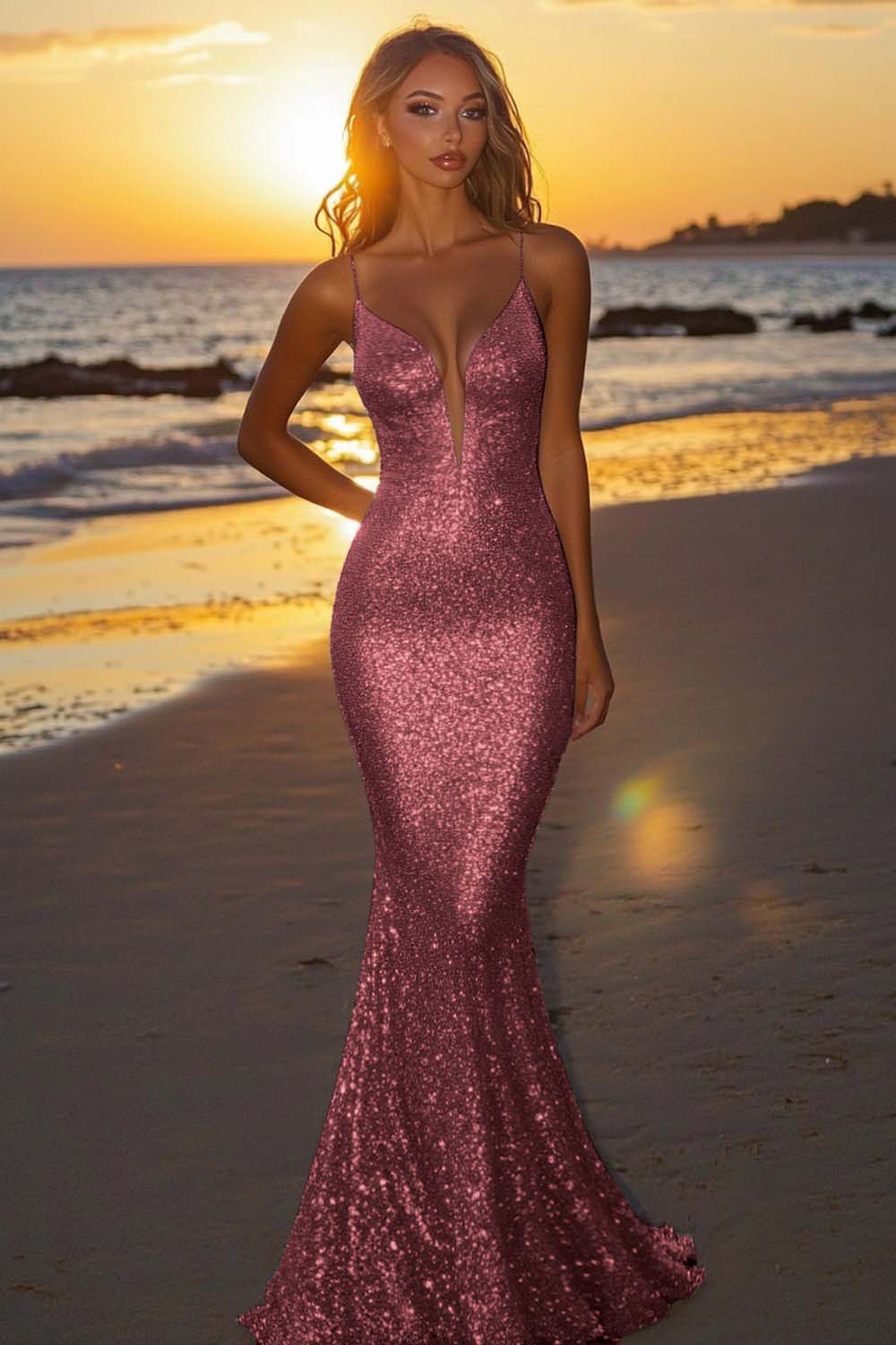 Dreamyannie Silver Glitter Mermaid Backless Long Prom Dress With Deep V Neck Formal Evening Gown