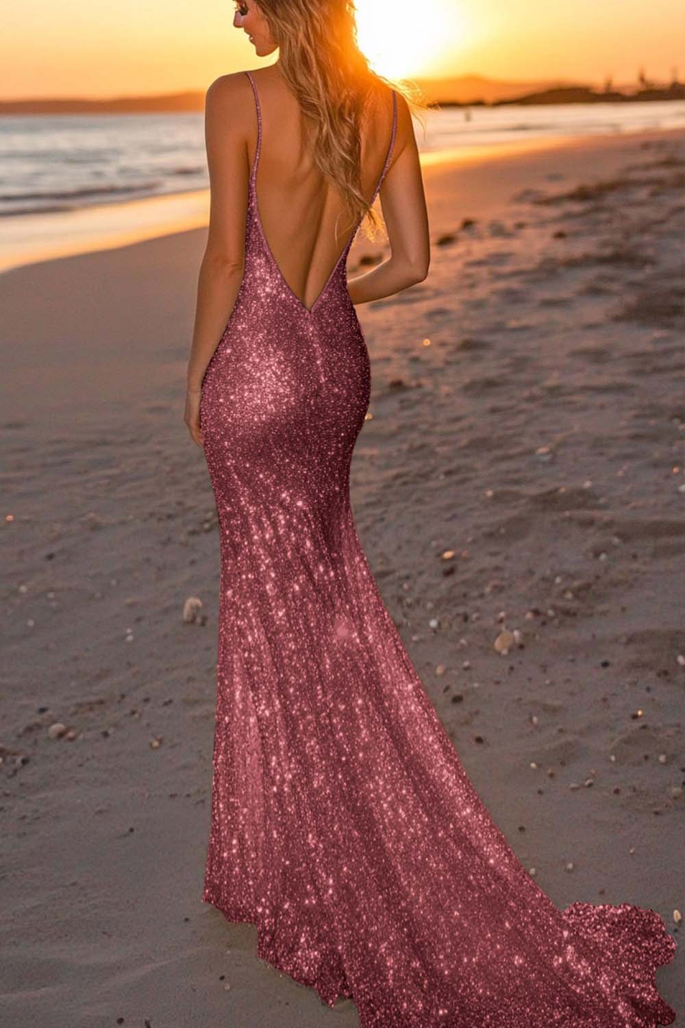 Dreamyannie Silver Glitter Mermaid Backless Long Prom Dress With Deep V Neck Formal Evening Gown