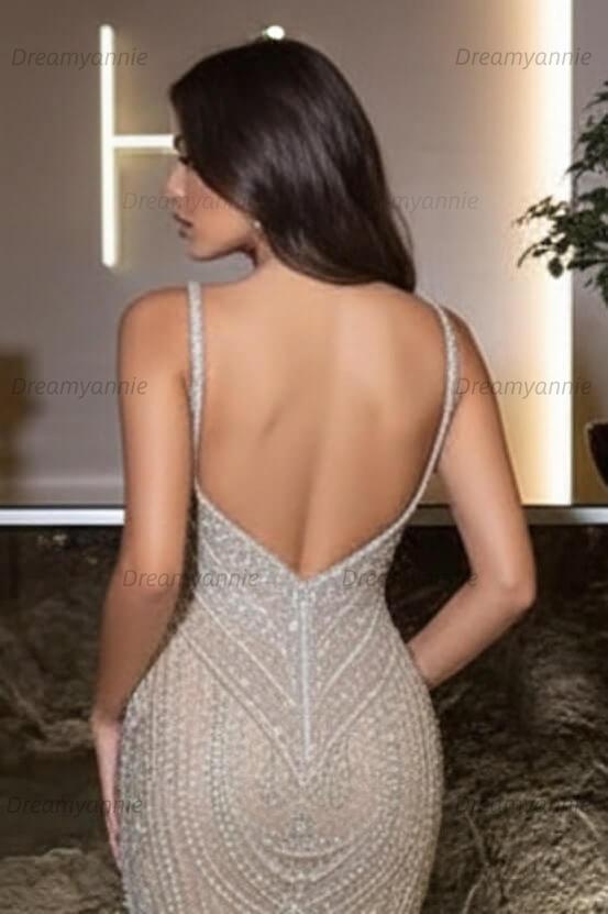 Silver Mermaid Prom Dress Sleeveless Spaghetti Straps Beaded Evening Dress
