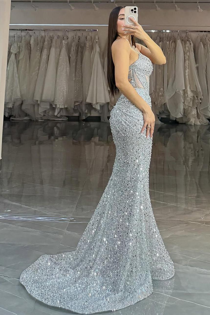 Silver Mermaid Prom Dress Sleeveless Spaghetti Straps Sequined Evening Dress